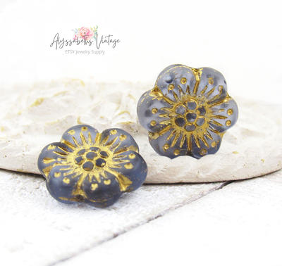 Czech Glass Beads 9mm Hibiscus Flower ANTIQUE GOLD WASH