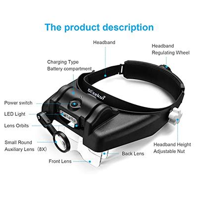 Usb Rechargeable 2 Led Auxiliary Light Wearable Magnifier Magnifying Loupe  With 4 Replaceable Lenses 1.5x/2.5x/3.5x/5x Magnification