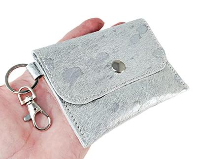  Key Chain ID Card Wallet, Fun Premium Acid Wash Hair On  Cowhide, Business Card Holder, Keep Cards Secure, Clip Inside Large Purse  to Grab & Go (Black/White - Gold Acid Wash) 