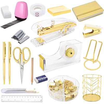 Famassi Gold Desk Accessories?Office Supplies Set Acrylic Stapler Set Staple Remover, Tape Holder, Pen Holder, 2 Ballpoint Pen, Scissor, Binder