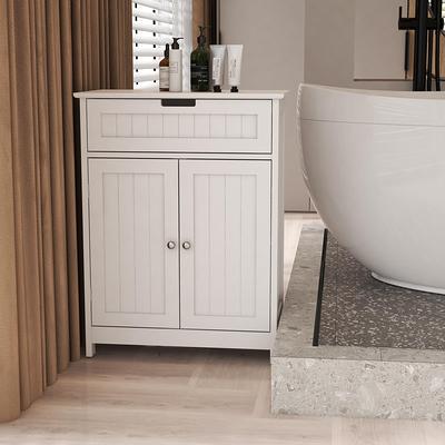 Rovaurx Tall Bathroom Floor Cabinet with Glass Doors, Narrow FreeStanding  Storage Cabinet with Adjustable Shelf, Wooden Bathroom Storage Cabinet