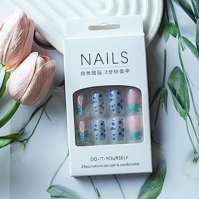 Square Press on Nails Blue Short Fake Nails with White Gradient Designs  Full Cover Acrylic Nails Artificial Stick on Nails for Women and Girls 24PCS