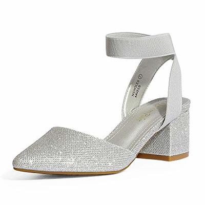 Women's Silver Glitter Low Heel Pumps Shoes