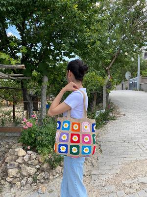 Colorful Crochet Granny Square Shoulder Bag for the Beach or 