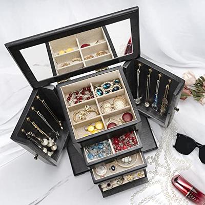 Emfogo Jewelry Box for Women, Rustic Wooden Jewelry Boxes & Organizers with  Mirror, 4 Layer Jewelry Organizer Box Display for Rings Earrings Necklaces  Bracelets (Black) - Yahoo Shopping