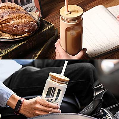  20 OZ Glass Cups with Bamboo Lids and Straws - Beer Can Shaped  Drinking Glasses with Silicone Protective Sleeve Set for Iced Coffee,  Water, Smoothie, Boba Tea, Gift, 2 Colors 