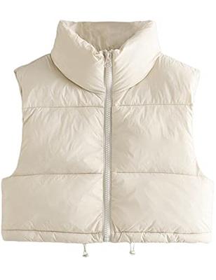 Watashi Women's Crop Puffer Vest Winter Zip Up Sleeveless Stand Collar  Padded Coat(Beige-XS) at  Women's Coats Shop