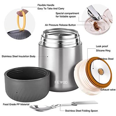 FEWOO Food Thermos - 20oz Vacuum Insulated Soup Container, Stainless Steel Lunch Box for Kids Adult, Leak Proof Food Jar with Folding Spoon for Hot