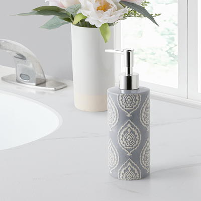 4 Piece Gray Embossed White Floral Pattern Bathroom Accessory Set with Soap  Dish, Tumbler, Toothbrush Holder and Pump Dispenser