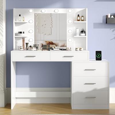 White Vanity Set Desk Table with 3 Colors Lights, Modern Dressing Desk with  Mirror and Charging Station and Storage Shelves for Bedroom 