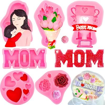 6Pcs Mother's Day Fondant Mold Mom Word Silicon Mold Best Mom Chocolate Mold  Rose Tulip Flower Heart Shape Molds Mother and Child Candy Silicone Mould  Baking Supplies for Cupcake Desserts Decor 