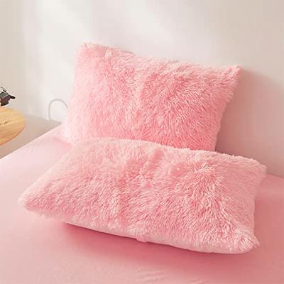 Fluffy Pink Faux Fur Comforter Cover Set - Ultra Soft Plush Bedding, 3  Pieces with 2 Pillow Cases, Cute Light Pink Queen Bed Set