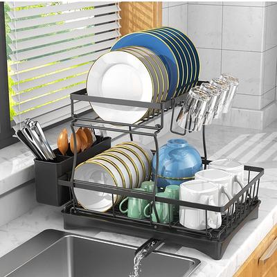 2 Tier Metal Plate Dish Drainer Rack with Utensil Cup Holder