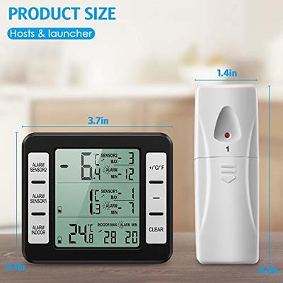 Refrigerator Digital Thermometer, Wireless Indoor Outdoor Thermometer with Remote Sensor Temperature Monitor Gauge with Audible Alarm, Min/Max Record