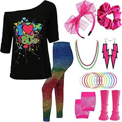 80s Outfit Costumes Accessories for Women Off The Shoulder Tops Shirts Neon  Leggings with Leg Warmers