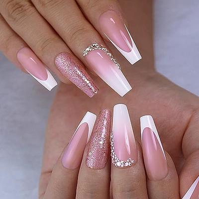 Bling Press on Nails French Tip Blush Nails Glitter Tip Designs Pink Nails  Cute Glue on Nails Medium Length Ombre Nails Press on Nail Supplies