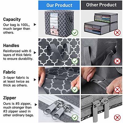 4 Pack Blanket Storage Bags with Zipper, Foldable Comforter Storage Bag,  Large Organizers for Blankets, Pillow, Quilts, Linen, Storage Containers  with Thick Fabric, Sturdy Zipper, Grey, 90L