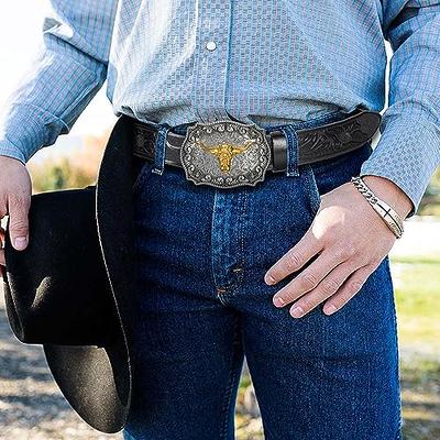 XuoAz Western Cowboy Belt for Men Women - Floral Engraved PU Leather  Longhorn Bull Buckle Belts (for 25 to 38 Waist) at  Men's Clothing  store