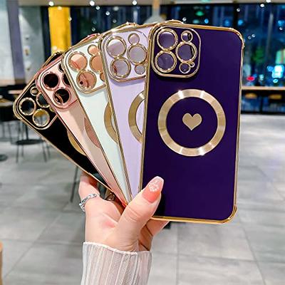 Stylish Magnetic Case for Apple iPhone 14 Women Girls, Luxury Plating Cute  Love Heart Soft Back Cover Full Camera Lens Protection MagSafe Phone Case