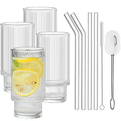 HAIYEATBNB Ribbed Glassware Set of 4, 16 OZ Glass Drinking Glasses, Trendy  Fluted Glass Cups with Straw