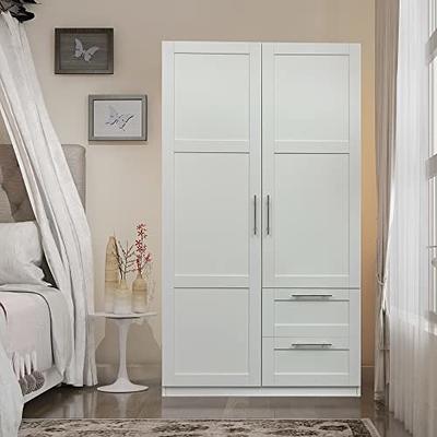 Wardrobe Storage Cabinet, Armoire Closet Organizer with Drawer and Hanging  Rod, White