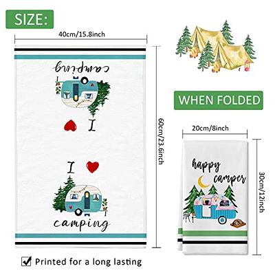 Lebsitey Camping Kitchen Towels Set of 4, Happy Camper Dish Towels Kitchen Hand Towels Kit Printed with Funny Sayings for Campers, Camping Tent Pine Tree