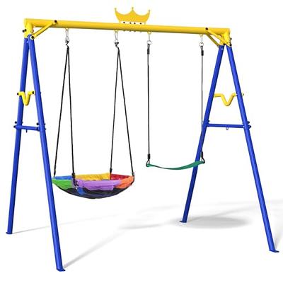  Trekassy 440lbs 2 Seat Swing Set for Backyard, 1 Saucer Swing  Seat and 1 Belt Swing Seat with Heavy Duty A-Frame Metal Swing Stand : Toys  & Games