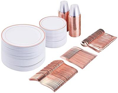 350 Piece M MCIRCO Gold Dinnerware Set - 100 Gold Rim Plastic Plates - 50  Gold Plastic Silverware - 50 Gold Plastic Cups - 50