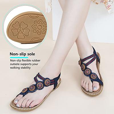 Bohemian sandals women round head flat bottom large women shoes Beaded toe  beach sandals