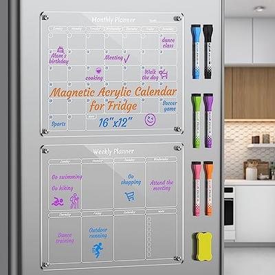 VTVTKK Acrylic Magnetic Dry Erase Board Calendar for Fridge, 16x12 Inches  Magnetic Monthly Calendar for Fridge with 6 Colorful Markers, Clear