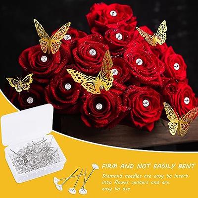 CHANZET 100pcs Diamond Pins for Flower Bouquet with 48pcs 3D Gold Silver Bouquet Butterflies for Flower Arrangements, Flower Bouquet Accessories