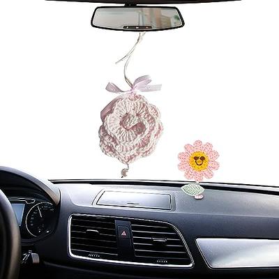 QKHEE Car Mirror Hanging Accessories Cute Car Accessories for Women Interior Six Color Bellflower Hand Knitted Car Rear View Mirror Decor Crochet