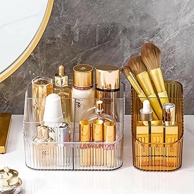 Vintage Makeup Organizer Gold Glass Brush Holder with Lid Storage Dustproof  Cosmetics Case with Pearls for Vanity Decoration Jewelry Nail Brush