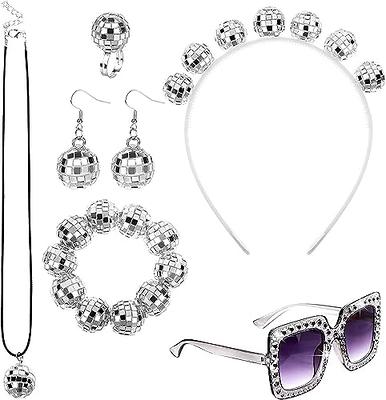 CheeseandU 5 Pcs 70s Disco Accessories Set Women Costume Jewelry Disco Earrings Sequin Scarf Sunglasses Bling Bracelet Headband for Women 70s 80s