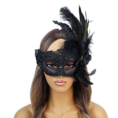 Elegant Mardi Gras Masquerade Mask for Women Halloween Costume Feather  Party Masks Feathers Venetian Mardi Gras Burlesque Mask Black