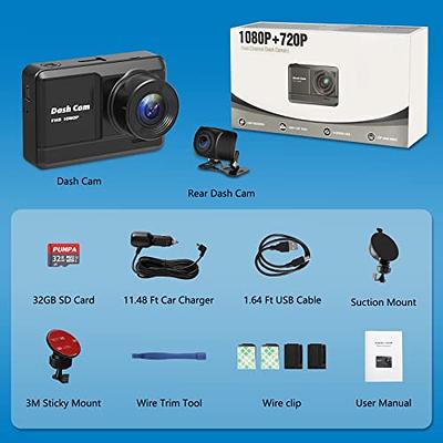 Dash Cam Front and Rear, 1080P Full HD Dash Camera for Cars with 32GB SD  Card, 2.45'' IPS Screen, 170°Wide Angle, Night Vision, Parking Monitor,  Loop