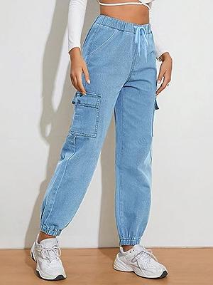 Women's Cargo Jogger Pants High Waisted Drawstring Elastic Waist Cargo Jeans  Casual Denim Pants with Side Flap Pockets Light Blue S - Yahoo Shopping