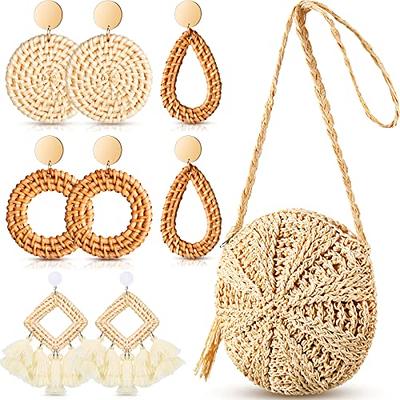 Sweetude 6 Pcs Womens Straw Tote Bag Summer Straw Beach Bag Wide Brim Straw  Sun Hats Bohemian Woven Earrings for Girls