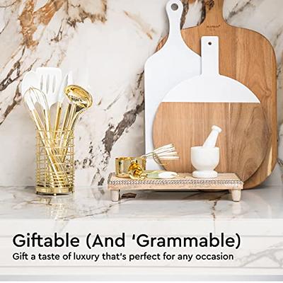 White Silicone And Gold Cooking Utensils Set With Gold Utensil