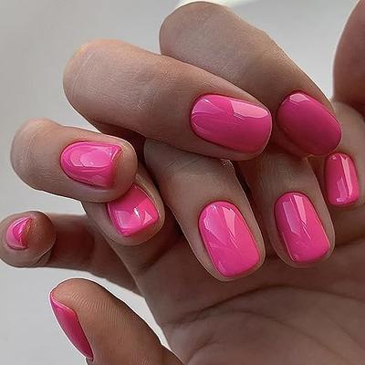 Pink Press on Nails Short Square Fake Nails Glossy Hot Pink Solid Color  Stick on Nails