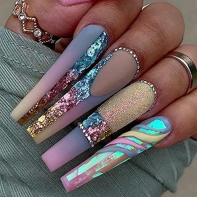 Medium Press on Nails Coffin Fake Nails with Black Stripe Rhinestones  Designs Full Cover Gold Glitter Acrylic Nails Matte Artificial Nails Summer