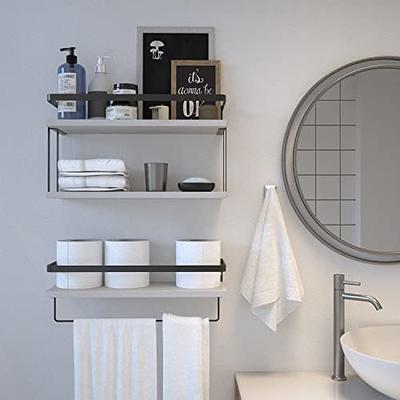 2 Tier Wall Mounted Bathroom Organizer Wood Wall Shelf w/Towel Bar Storage  Rack