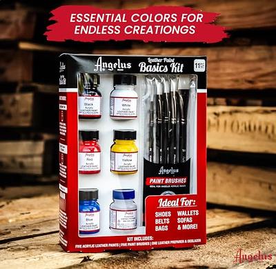 Angelus Leather Paint Kit- Basics Starter Kit Includes 5 Paints, Prep, & 5  Piece Paint Brush Set