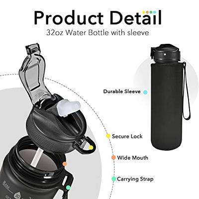 Newfad 32 oz Water Bottles with Straw & Strap, Motivational Water Bottles  with Times to Drink, BPA Free Reusable Sports Water Bottle with Sleeve