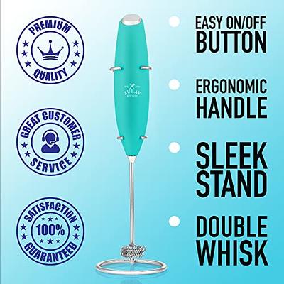 Powerful Milk Frother Handheld Foam Maker, Mini Whisk Drink Mixer for Coffee, Cappuccino, Latte, Matcha, Hot Chocolate, with Stand, Aqua