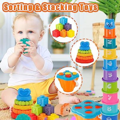 Springflower 3 in 1 Montessori Toys for Babies 0-3-6-12 Months, Soft Baby  Teething Toys, Stacking Building Blocks for Infants, Sensory Developmental