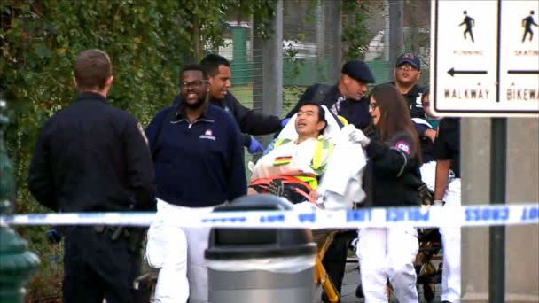 PHOTO: Emergency crews respond to the scene in lower Manhattan after reports of multiple people were injured after a truck plowed through a bike path, Oct. 31, 2017, in New York City. (WABC)