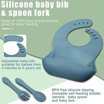 Baby Silicone Feeding Set - (5 Pack) Baby Bib, Suction Divided Plate, Self  Feeding Spoon & Fork - Food Grade Soft Silicone, Toddler Weaning Utensils