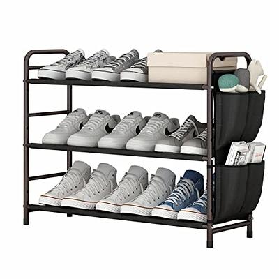 SUOERNUO Shoe Rack Storage Organizer 4 Tier Free Standing Metal Shoe Shelf  Compact Shoe Organizer with Side Bag for Entryway Closet Bedroom, Grey