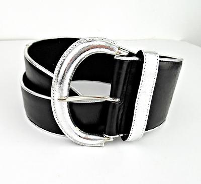 Designer Avignon Women's Black Leather Wide Tapered Belt With Silver Faux  Trim & Buckle, Size M - Yahoo Shopping